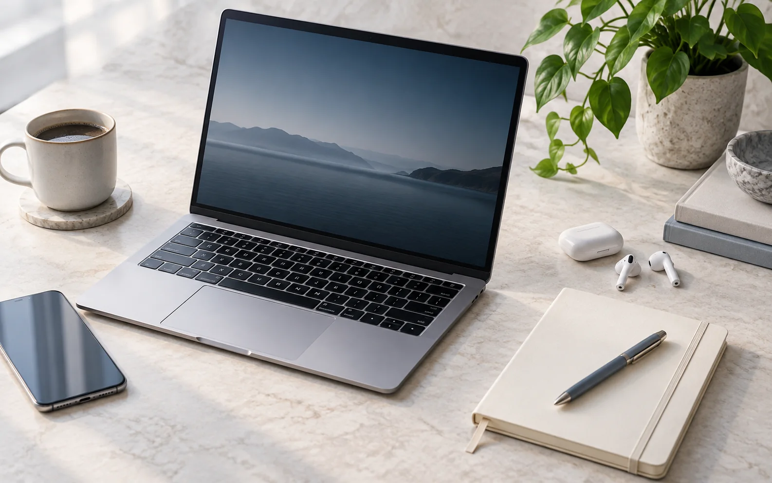 A phone, notebook and earbuds on a modern editorial desk